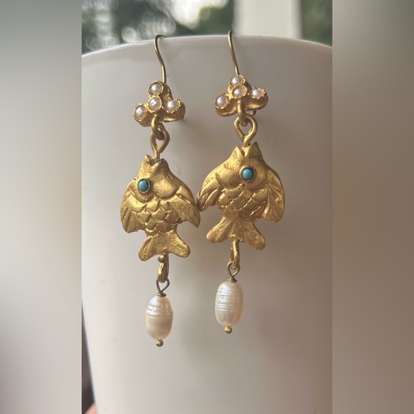 Gypsy Handmade Jewelry - NWOT Gypsy Handmade Gold and Blue Fish Earrings with Pearl Accents